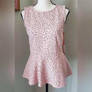 NWT!! Women's ELLE Pink And Black Polka-dot Peplum Top, Size XS